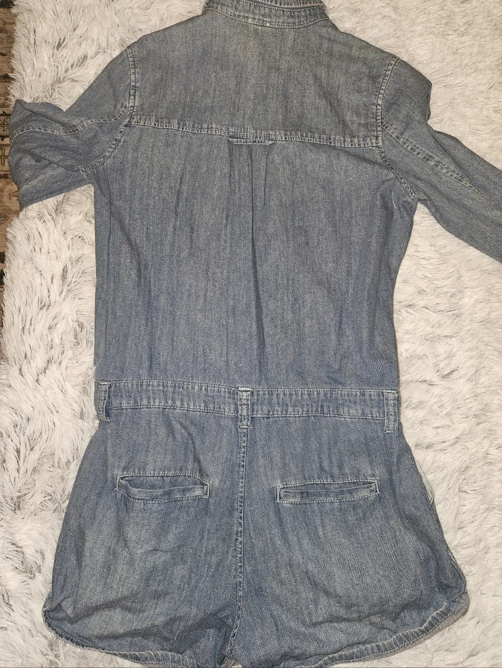 Free People Denim Button Front Romper Size Small Belt Loops Long Sleeve Chambray